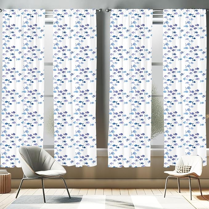 Ambesonne Animal Window Curtains Pack of 2, Little Fishes Watercolors Ocean Underwater Life Marine Theme Art, Lightweight Set with Rod Pocket, 4 Panels of - 28" x 95", Blue