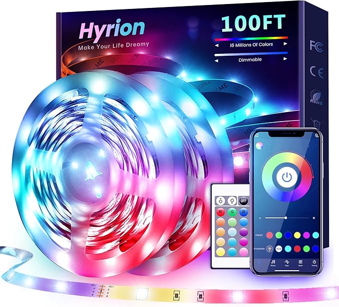 hyrion 100 ft Bluetooth LED Strip Lights,Music Sync Color Changing Lights Strip,5050 RGB Tape Lighting with Remote,Smart Phone App Control for Bedroom,Bar,Room DIY (APP+Remote)