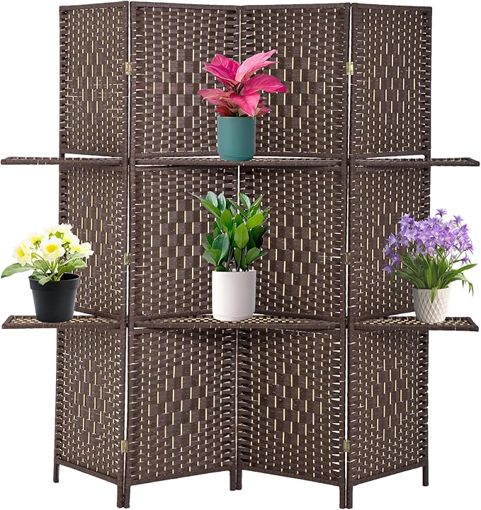 FDW Room Divider 4 Panel Wooden Screen Folding Portable Partition Screens Wood with Removable Storage Shelves Color, Dark Brown