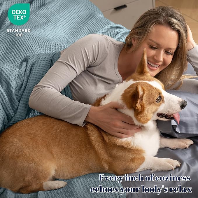 PHF 100% Cotton Waffle Weave Blanket Queen Size for Bed,Snag Proof Lightweight Breathable Moisture-Wicking Throw for Couch,Great for Layering in Cold Weather,Machine Washable, Home Decor Gift-Ocean