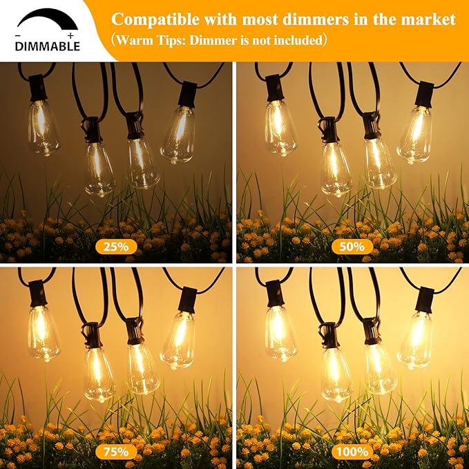 Brightever 30FT LED Outdoor String Light with 16 ST38 Vintage Edison Shatterproof Bulbs, Commercial Grade Patio Lights Connectable, Waterproof Hanging Lights for Balcony, Backyard, Warm White