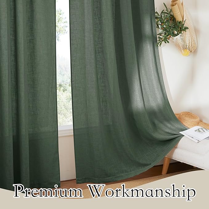 RYB HOME Semi Sheer Curtains 90 inches Long, Light Filtering Privacy Natural Farmhouse Linen Texture Drapes for Living Room Bedroom Dining Room, W 52 x L 90 inches, Hunter Green, 2 Panels