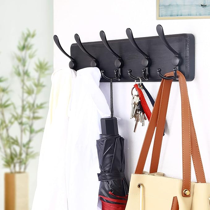 WEBI Rustic Coat Rack Wall Mount,Wood Coat Hooks Wall Mounted Coat Hanger,16" Hole to Hole,Hook Rack Rail,5 Triple Hooks for Hanging Coats,Hats,Jacket,Clothes,Entryway,Black,2 Packs