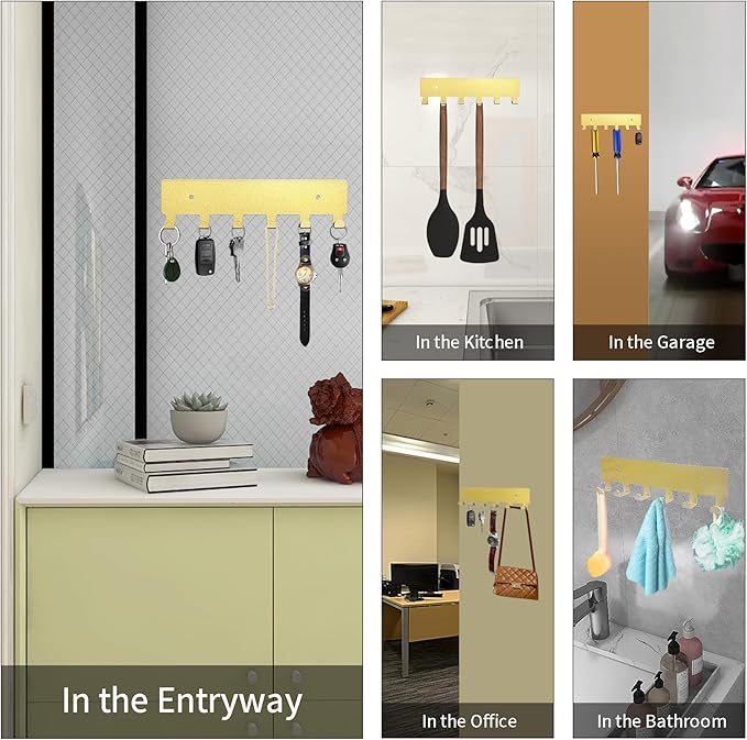 GTK Key Holder for Wall, Key Hooks with 6 Hooks, Wall Mounted Key Holder for Hallway, Self Adhesive Key Rack(Gold)