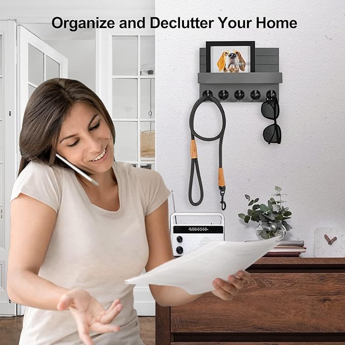 Key Holder for Wall, Decorative Key and Mail Holder with Shelf Has Large Key Hooks for Bags, Coats, Umbrella – Paulownia Wood Key Hanger with Mounting Hardware (9.8”W x 6.7”H x 4.2”D)
