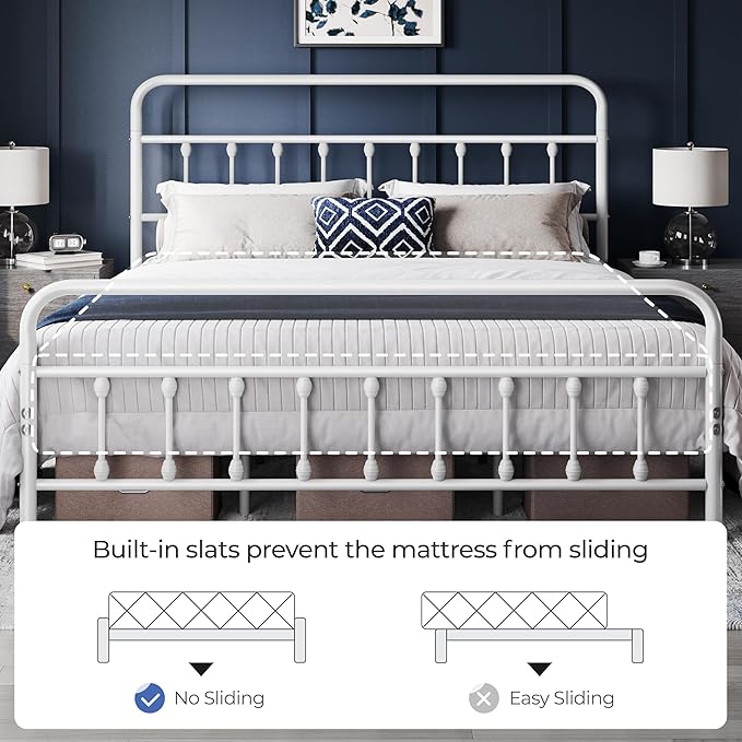 Yaheetech Classic Metal Platform Bed Frame Mattress Foundation with Victorian Style Iron-Art Headboard/Footboard/Under Bed Storage/No Box Spring Needed/King Size White