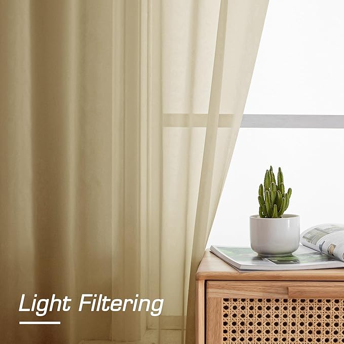 OWENIE Gold Sheer Curtain 96 Inch Long 2 Panels Set, Light Filtering Clear Rod Pocket Soft Sheer Curtain 95 for Bedroom/Living Room, 2Pcs, Each 42" W x 96" L,Gold