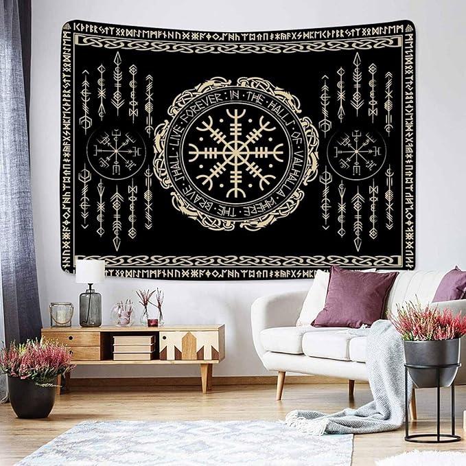OSUNBD Nordic Vikings Tapestry Small 70x47inches Soft Flannel Vegvsir Symbol Amulet Celtic Rune Scandinavian Aesthetic Mythology Tapestry Wall Hanging for Bedroom Living Room Decor
