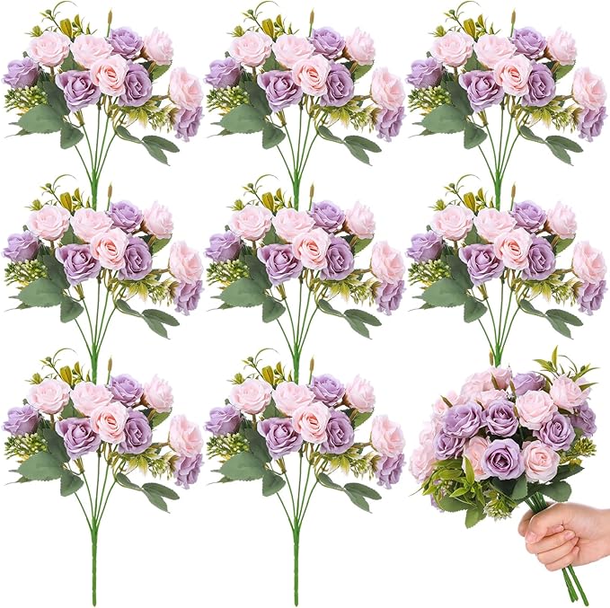 Zeyune 8 Pack 12 Inch Wedding Bouquets for Bride Bridesmaid Pink and Purple Artificial Rose Bouquet Fake Silk Roses Flowers Bunches Bulk for Home Office Garden Parties Decoration