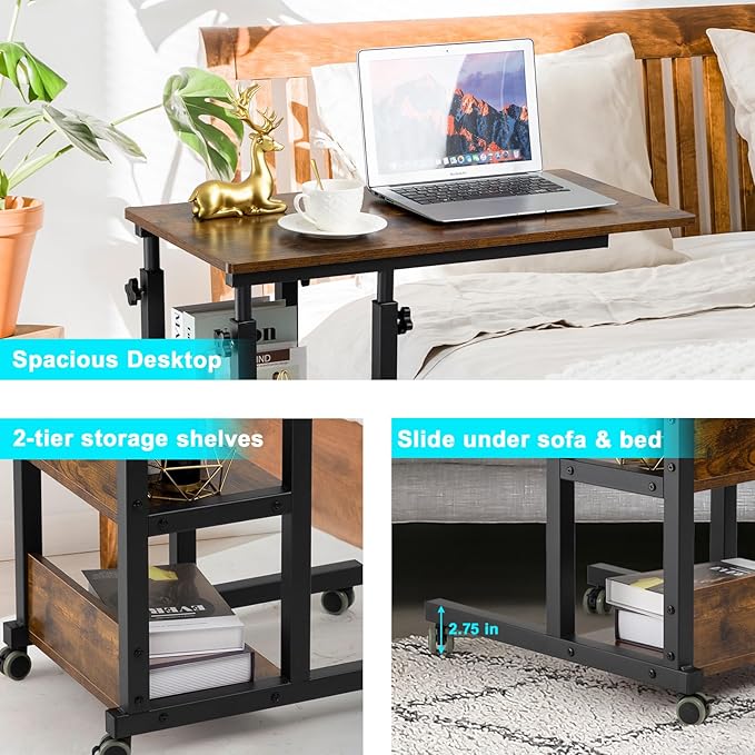 Hadulcet C Shaped Side Table Adjustable, Height Adjustable C Table with Wheels and Storage Shelves for Couch Bed Recliner Rustic Brown