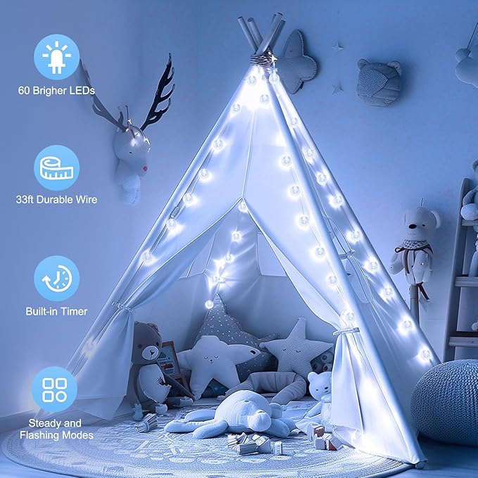 Minetom Crystal Globe String Lights Plug in - 33 ft 100 LED Globe Fairy String Lights with Remote and Timer, Waterproof for Bedroom Tent Loft Bed Window Porch Patio Wedding Party Holiday Decor, White