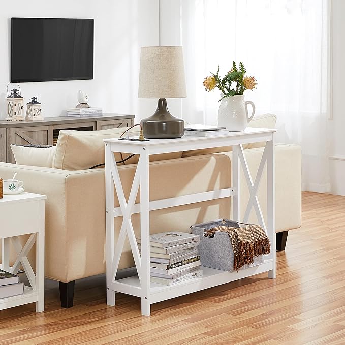 Yaheetech 40" Console Table with 2 Outlet and 2 USB Ports, Wooden Entryway Table with X-Shaped Design, Narrow Sofa Table for Living Room and Hallway,White