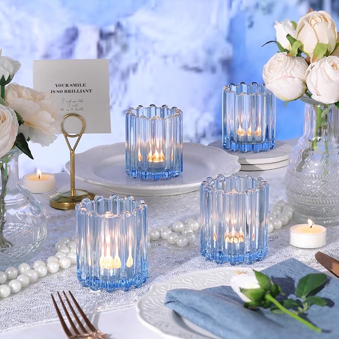 Glass Blue Votive Candle Holder, Ribbed Votive Candle Holders Set of 12, Tealight Candle Holder for Wedding Centerpieces Dinner Party Table Decor