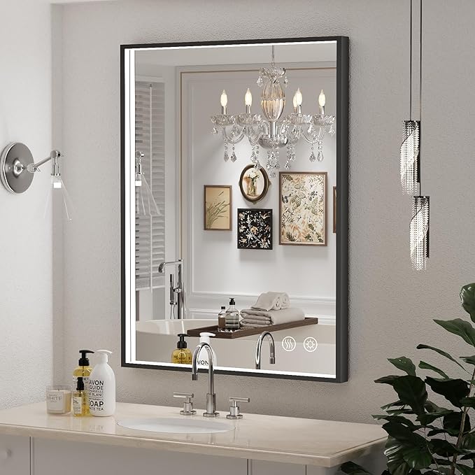 24X36 Inch LED Bathroom Mirror,Black Metal Framed Lighted Mirror,Wall Mouted LED Vanity Mirror with Lights, Stepless Dimmable, Anti-Fog, Memory(Horizontal/Vertical)