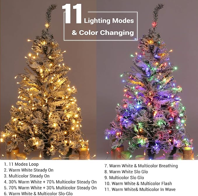 Brizled Christmas Lights, 65.67ft 200 LED Tree Lights Color Changing, 11-Function Warm White & Multicolor Christmas Light String, Connectable 29V Adapter Fairy Lighting with Remote for Xmas Tree Party