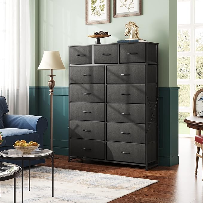 WLIVE Storage Organizer Unit with 13 Fabric Bins, Storage Drawers Organizer with Steel Frame, Tall Storage Tower Organizaton for Living Room, Hallway, Office, Charcoal Black