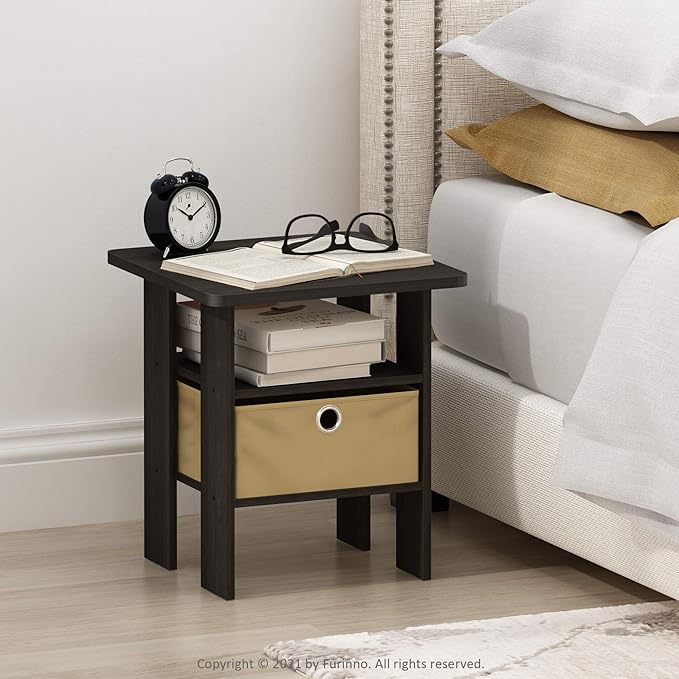 Furinno ANDREY Side Table, End Table, Night Stand with Open Shelves and Storage Bin, Bedside Table, for Living Room, Bedroom, Espresso