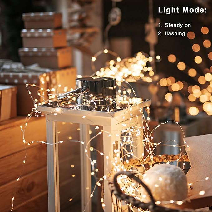 Fairy Lights Battery Operated 16.4Ft 50 LED Silver Copper Wire Twinkle Lights with 2 Lighting Modes for Christmas Bedroom Wedding Dorm Party Holiday Yard Decoration (Warm White)
