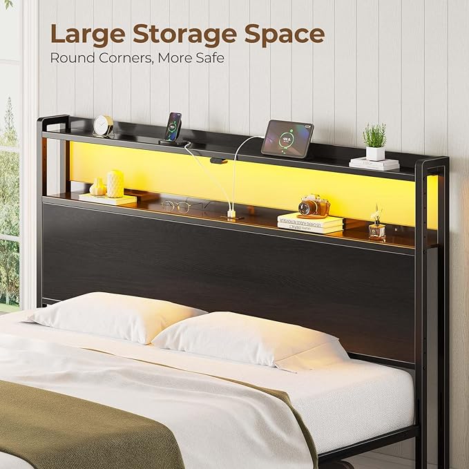 Rolanstar Headboard for King Size Bed with Storage, 60,000 DIY Color of LED Light, Head Board with USB & Type C Port, Height Adjustable, Black Cabeceras de Cama Comfortable Modern, Wood