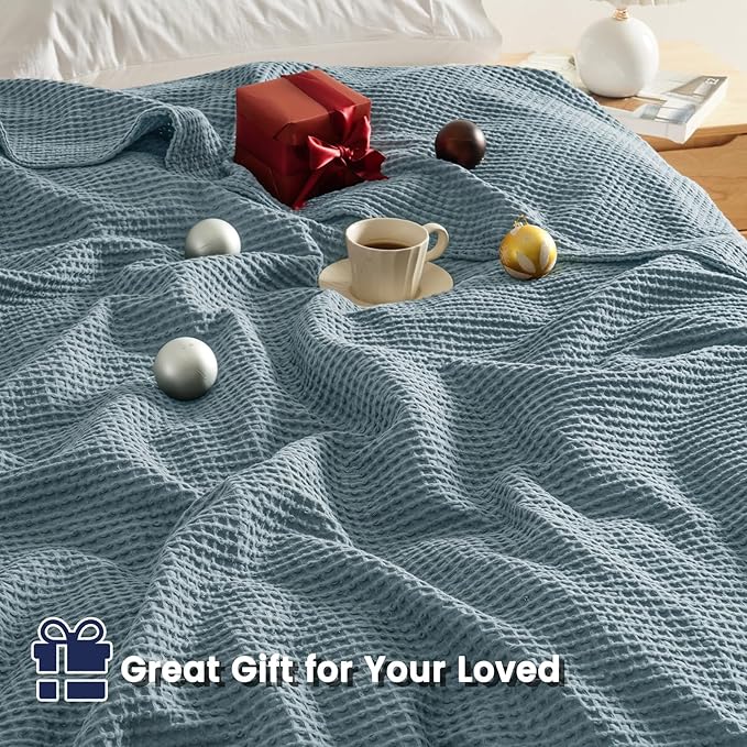 PHF 100% Cotton Waffle Weave Family Blanket,Oversized King Size 120"x 120"-Pre-Washed Snag Proof Lightweight Breathable Moisture-Wicking, 10'x 10' Huge Extra Large Big,Home Decoration Gift-Ocean