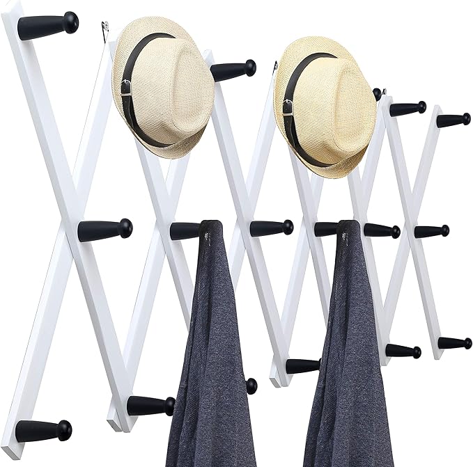 WEBI Accordion Wall Hanger,Expandable Wooden Coat Rack Wall Mounted,Accordion Hat Rack for Wall,Accordion Hook Rack for Hats,Caps,20 Pegs Hooks,Black on White