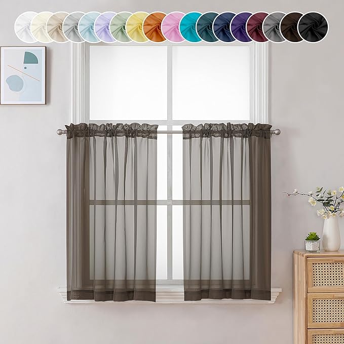 Chyhomenyc Sheer Curtains 36 inch Length 2 Panels, Light Filtering Voile Rod Pocket Short Window Sheer Curtians for Bathroom Living Room, 2PCS, Choclate Brown