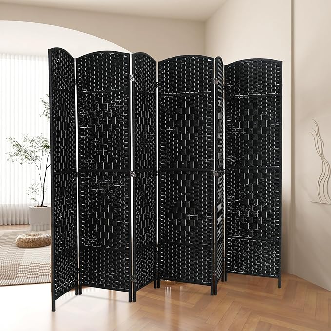 Room Divider 6 Panel Folding Privacy Divider 6 Ft Indoor Wall Divider Portable Partition Wood Screen, Black