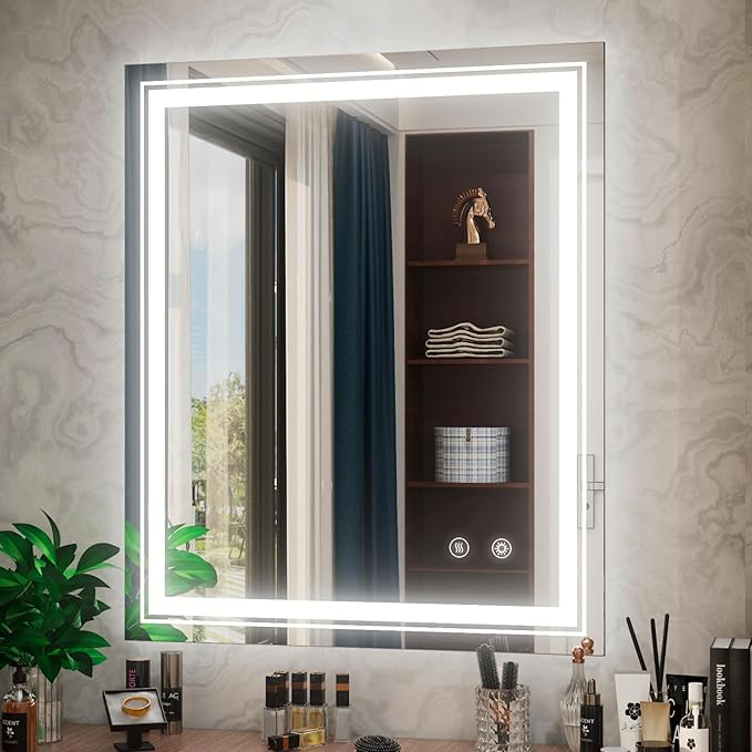 30 x 36 Inch LED Mirror for Bathroom with Lights, Frameless Lighted Bathroom Vanity Mirrors, Stepless Dimmable, Anti-Fog, Memory Funtion, Wall Mounted, Horizontal/Vertical