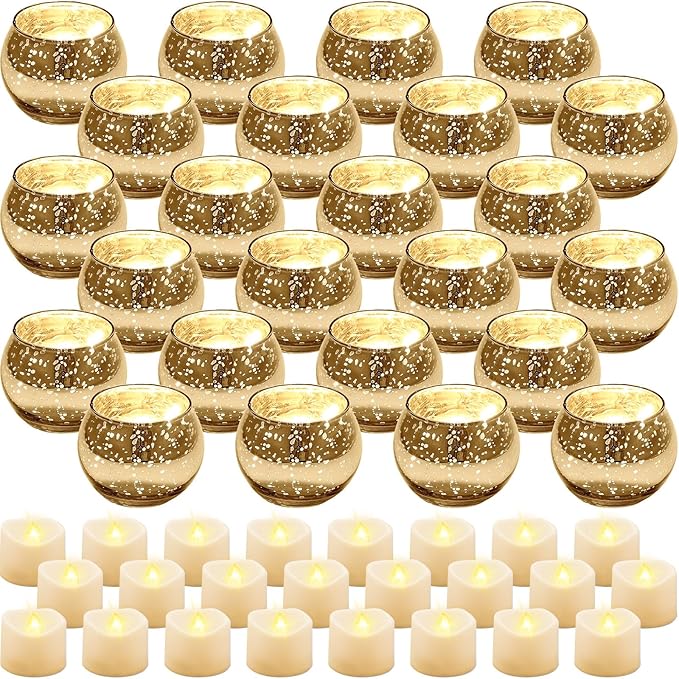 Rtteri 24 Set Votive Candle Holders Wedding Centerpiece Table Decorations Speckled Mercury Glass Votive Candle Holders with Tea Lights Birthday Party Decorations for Home (Gold)