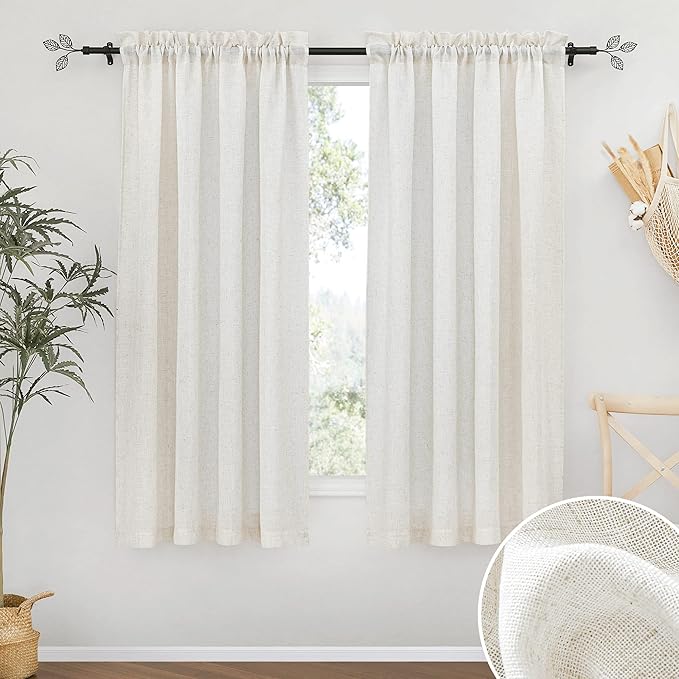 RYB HOME Linen Sheer Curtains 63 inch Length 2 Panels, Privacy Semi Sheer Curtains Light Glare Filtering Country Rustic Drapes for Farmhouse Bedroom, Living Room Decor, 52" W x 63" L, Linen