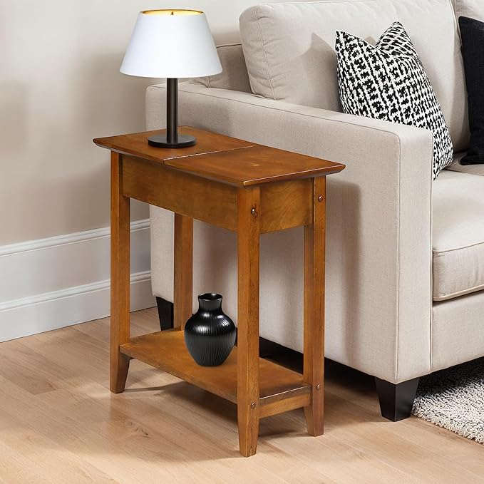 Convenience Concepts American Heritage Flip Top End Table 23.25" - Classic Narrow Chairside Accent with Hidden Storage & Lower Shelf for Traditional, Modern Living Room, Light Walnut
