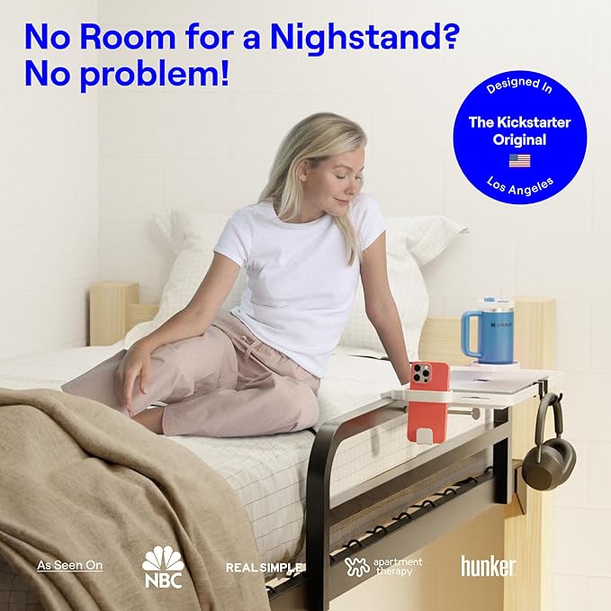 BedShelfie Bedside Shelf for Dorm Room Bunk Bed & Top Bunk, College Dorm Room Essentials, Bedside Caddy, Clip on Floating Tray, Bed Side Table Storage, Loft Nightstand Decor - Dorm Essential, White