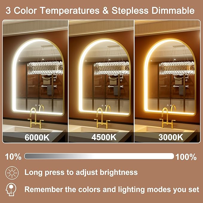 20x30 Inch Arched LED Bathroom Mirror with Lights, Adjustable 3000K/4500K/6000K, Wall Mounted Gold Frame Lighted Bathroom Vanity Mirror, Anti-Fog, Dimmable, Memory Function