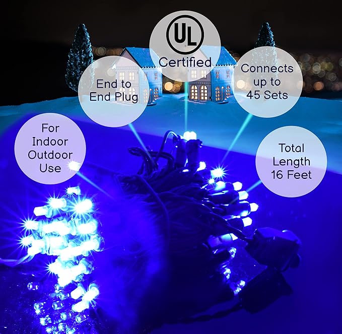 Holiday Essence Blue LED Mini Christmas Lights Set, 60 5mm Memorial Fourth of July Blue String Lights, Green Wire, for Indoor Outdoor Décor, Home, Wedding, Patio, Garden Decorations, UL Certified