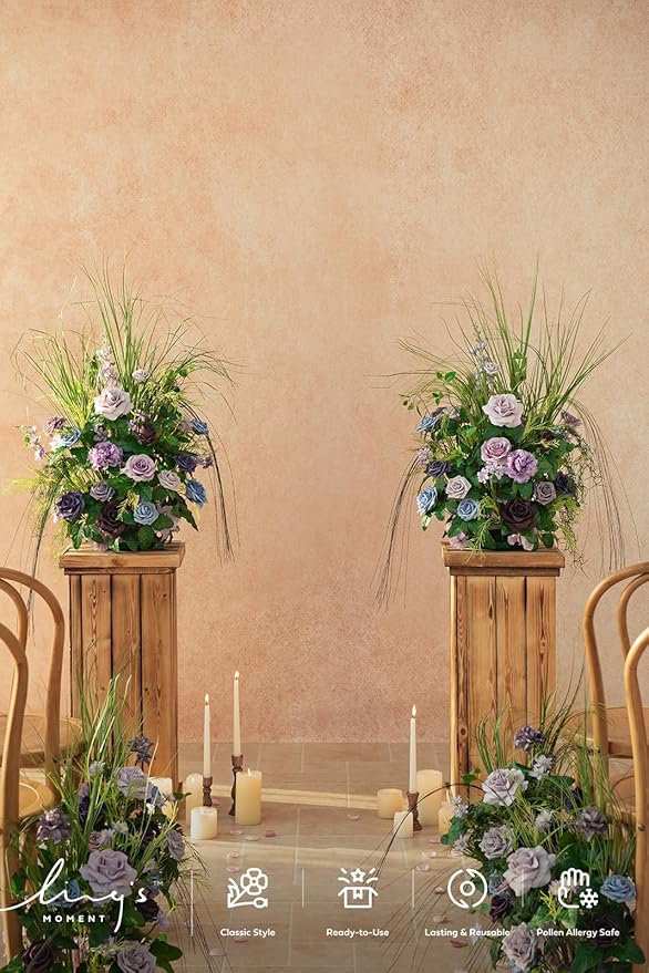 Ling's moment 41" Tall Fall Free Standing Artificial Flowers Arrangements 2pcs Wedding Aisle Runner Chair Decoration Fake Sage Purple for Arch Entryway Ceremony Reception Church Rose Floral Party