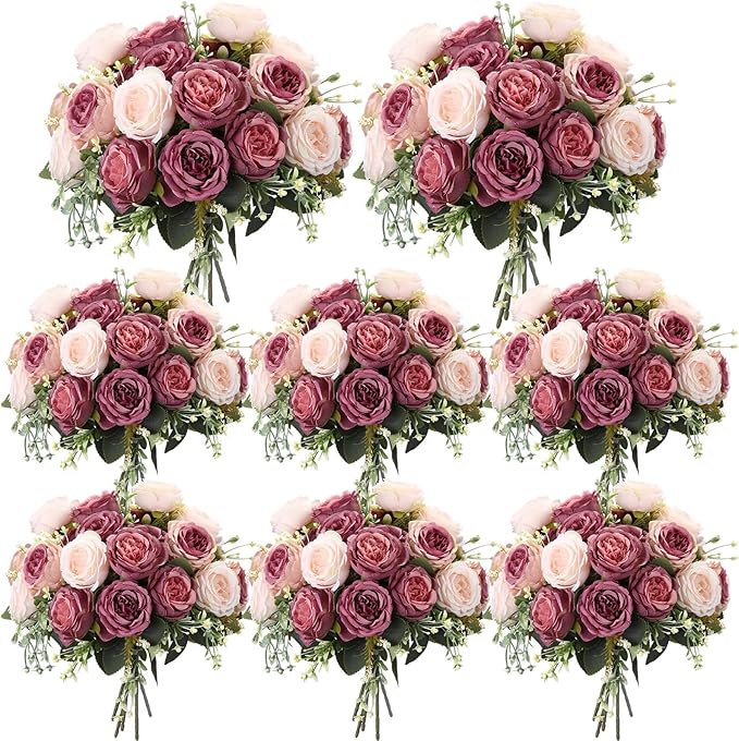 Geosar 8 Bundles Artificial Peonies Flowers Fake Silk Peony Bouquet Faux Peonies Flowers Bulk for Decoration Vase Floral Arrangements Wedding Party Table (Dusty Pink,Dusty Rose)