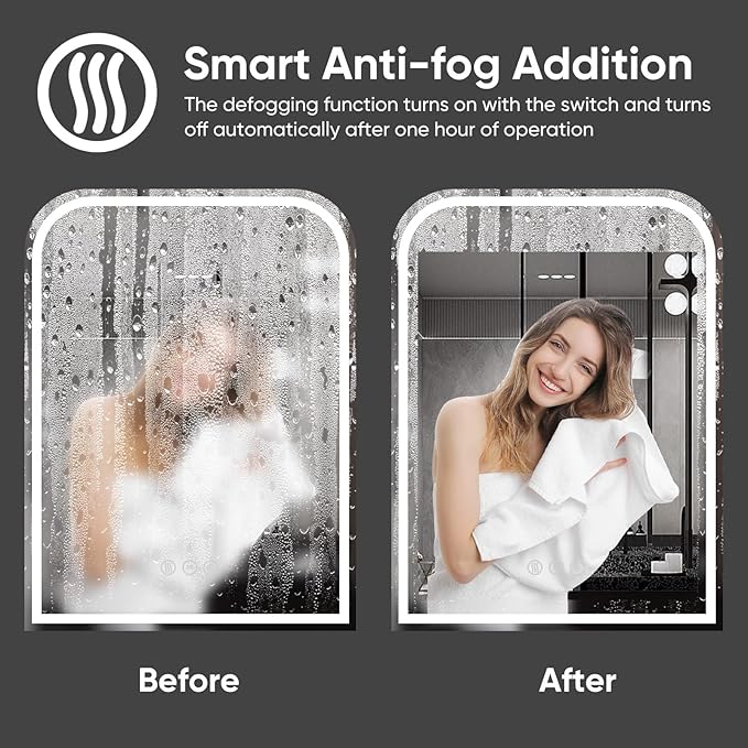 LED Bathroom Mirror, 24"x 36" LED Mirror with Lights for Bathroom, Lighted Vanity Mirrors for Wall, Anti-Fog, Dimmable, Tempered Glass, Memory Function, 3 Colors, Safe Use (White)