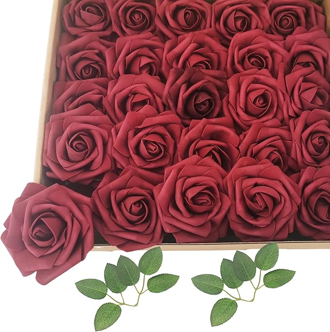 Artificial Flowers 25pcs Fake Roses, Burgundy Foam Rose Faux Flower for DIY Wedding Bouquets Bridal Shower Centerpieces Floral Arrangements Home Decorations Party Backdrops Table