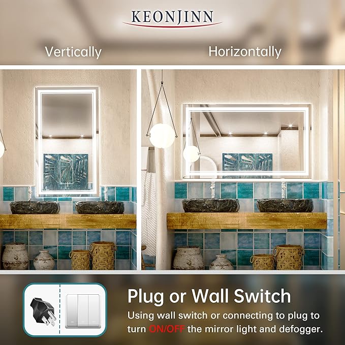 Keonjinn 48 x 28 Inch LED Bathroom Mirror, Lighted Bathroom Mirror with Lights, Shatter-Proof Tempered Glass, UL-Listed LED Driver, Fog Free, Dimmale 6000K, Easy to Install(Horizontal/Vertical)