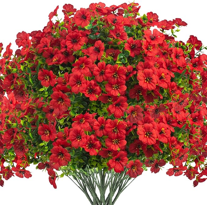 Artificial Fake Flowers for Outdoor Spring Decoration, 16 Bundles Faux Silk Colorful Daisy UV Resistant Realistic for Outside Porch Patio Home Yard Garden Planters Pots Window Box (Red)