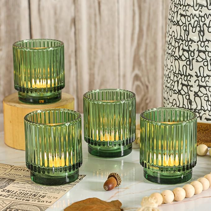 Vintage Ribbed Green Glass Tealight & Votive Candle Holders (Set of 6), Wedding Bridal Shower Party Table Decor, Fall Decor, Boho Decor, Shelf Decoration