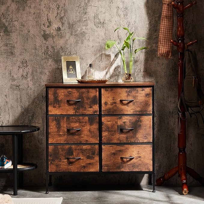 DUMOS TV Stand for Living Room, Dresser for Bedroom Chest of Dresser with 6 Fabric Drawers Storage Organizers Units, Nightstand for Bed