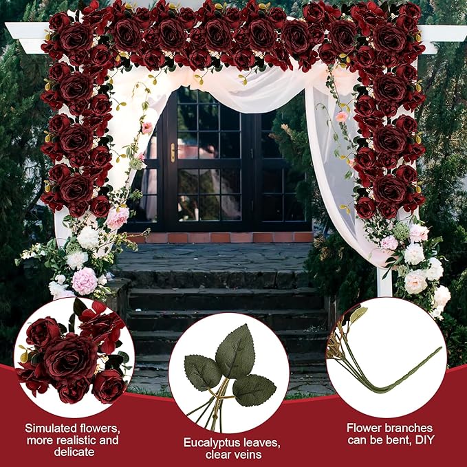 Peony Artificial Flowers, Faux Peonies Hydrangea Eucalyptus Bouquet 12 Packs Silk Vintage Realistic Peony Floral Arrangement for Vase Wedding Centerpiece Table Home Party Decor-Burgundy