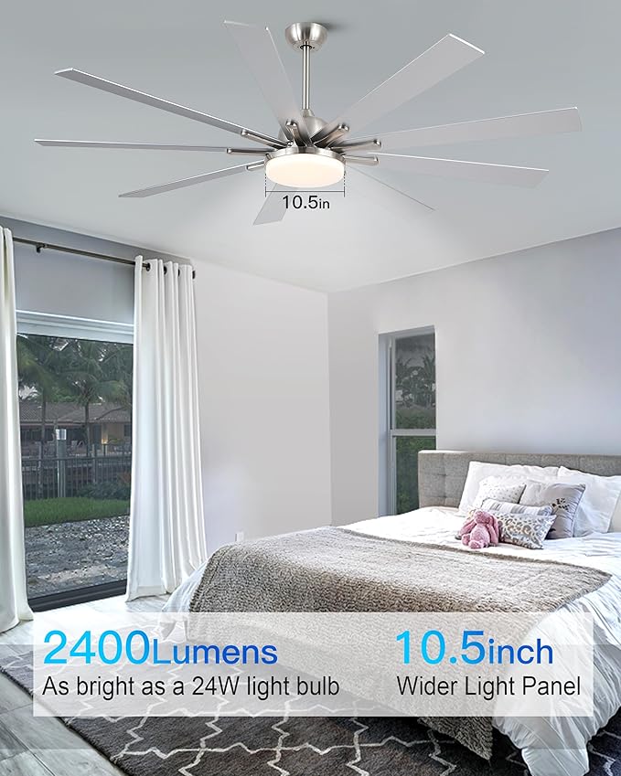 72 Inch Ceiling Fans with Lights,Large Modern Ceiling fan with Remote and 9 Wooden Blades,Dimmable,6 Speeds,Noiseless Reversible Indoor&Outdoor Fan for Bedroom,Patio,Living Room