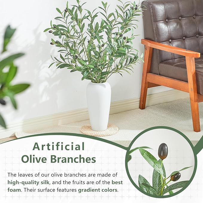 2 PCS 39 Inch Faux Olive Branches Artificial Flowers Greenery Stems Olive Tree Branch for Vase Filler Home Decor Indoor