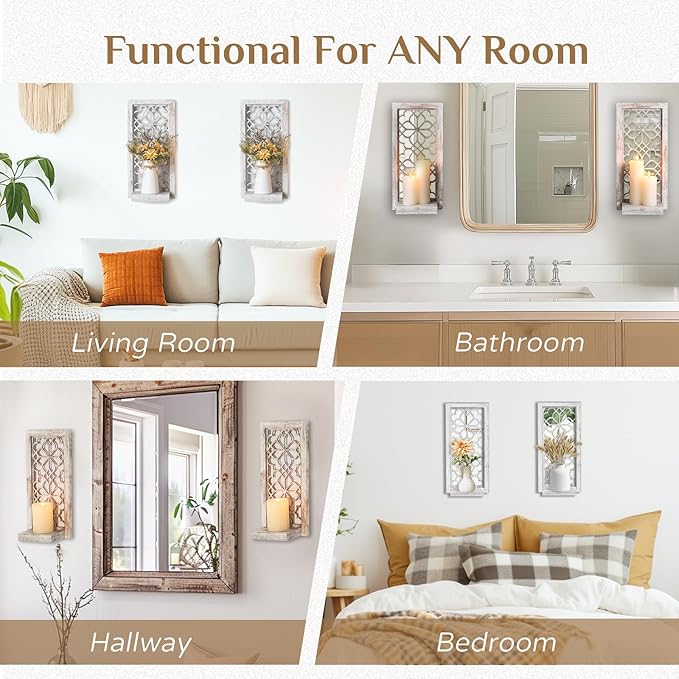 Wood Small Wall Shelves for Candle - Decorative Farmhouse Floating Shelf Candle Sconces for Wall Decor - Rustic Carved Floating Shelf Wooden Shelving for Bathroom Bedroom