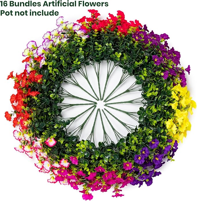 Artificial Faux Flowers for Outdoor 16 Bundles Boxwood Fake Morning Glory for Planter,UV Resistant Fake Flowers for Home Porch Patio Outside（8 Color）