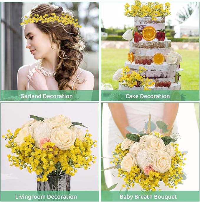 N&T NIETING Babys Breath Artificial Flowers Bulk, 10Pcs Fake Gypsophila Bouquet Flowers Real Touch Faux Babies Breath Arrangement for Wedding Floral Party Home Centerpieces Vase Decoration, Yellow