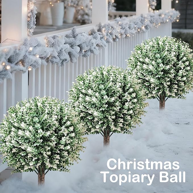 2 Pack White Artificial Christmas Tree, 24'' Outdoor Xmas Ball Tree,Fake Boxwood Topiaries with Spike,Faux Plants for Planters Urn Filler, Porch Potted Entrance Driveway Decor