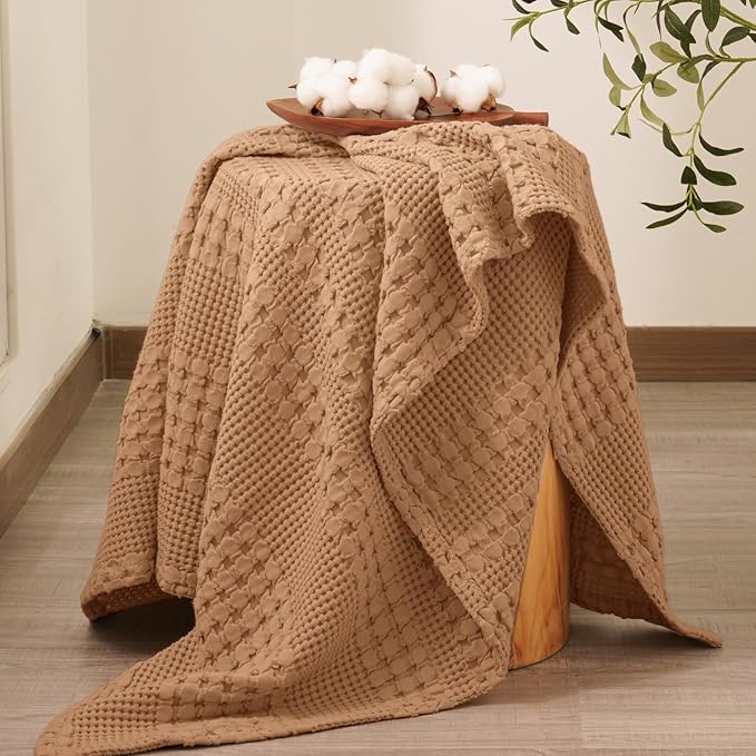 PHF 100% Cotton Waffle Weave Throw Blanket, Soft Lightweight Breathable Cozy Throws for Couch Bed Sofa, Luxury Aesthetic Woven Blanket for Home Decor & Office, 50"x60", Clay
